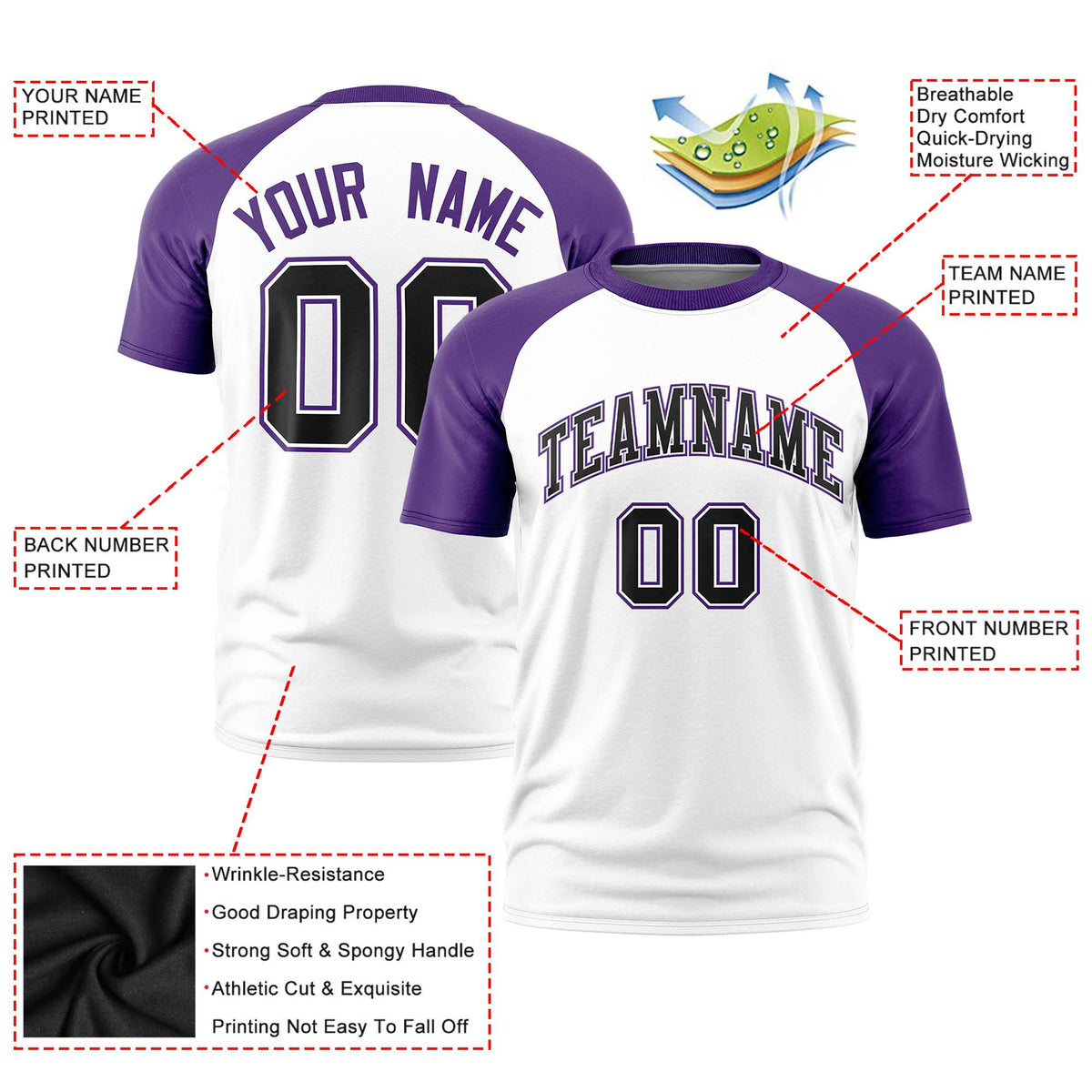 Custom White Purple Raglan Sleeves Performance T-Shirt