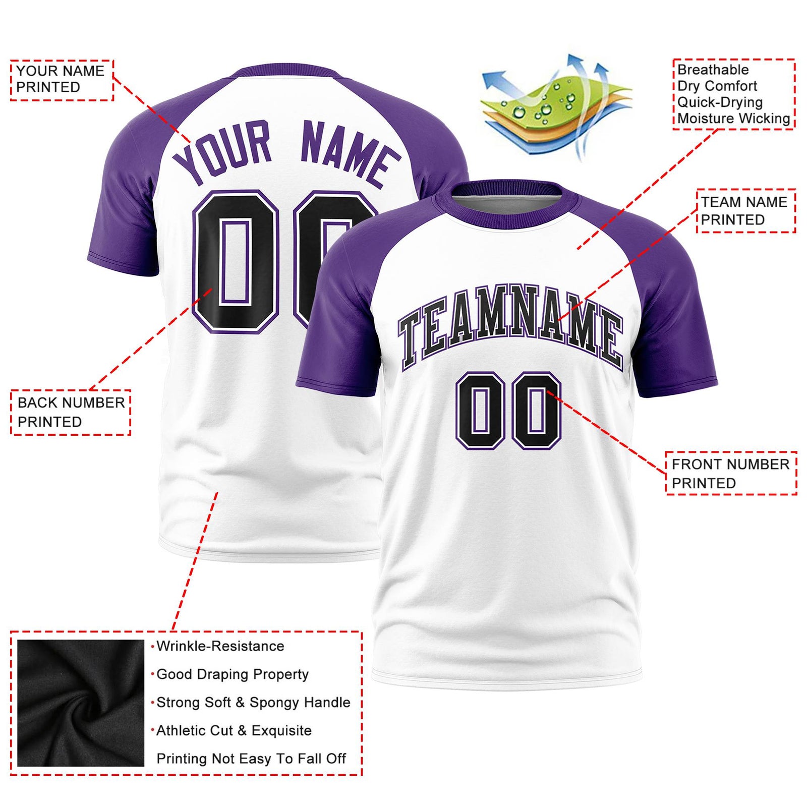 Custom White Purple Raglan Sleeves Performance T-Shirt