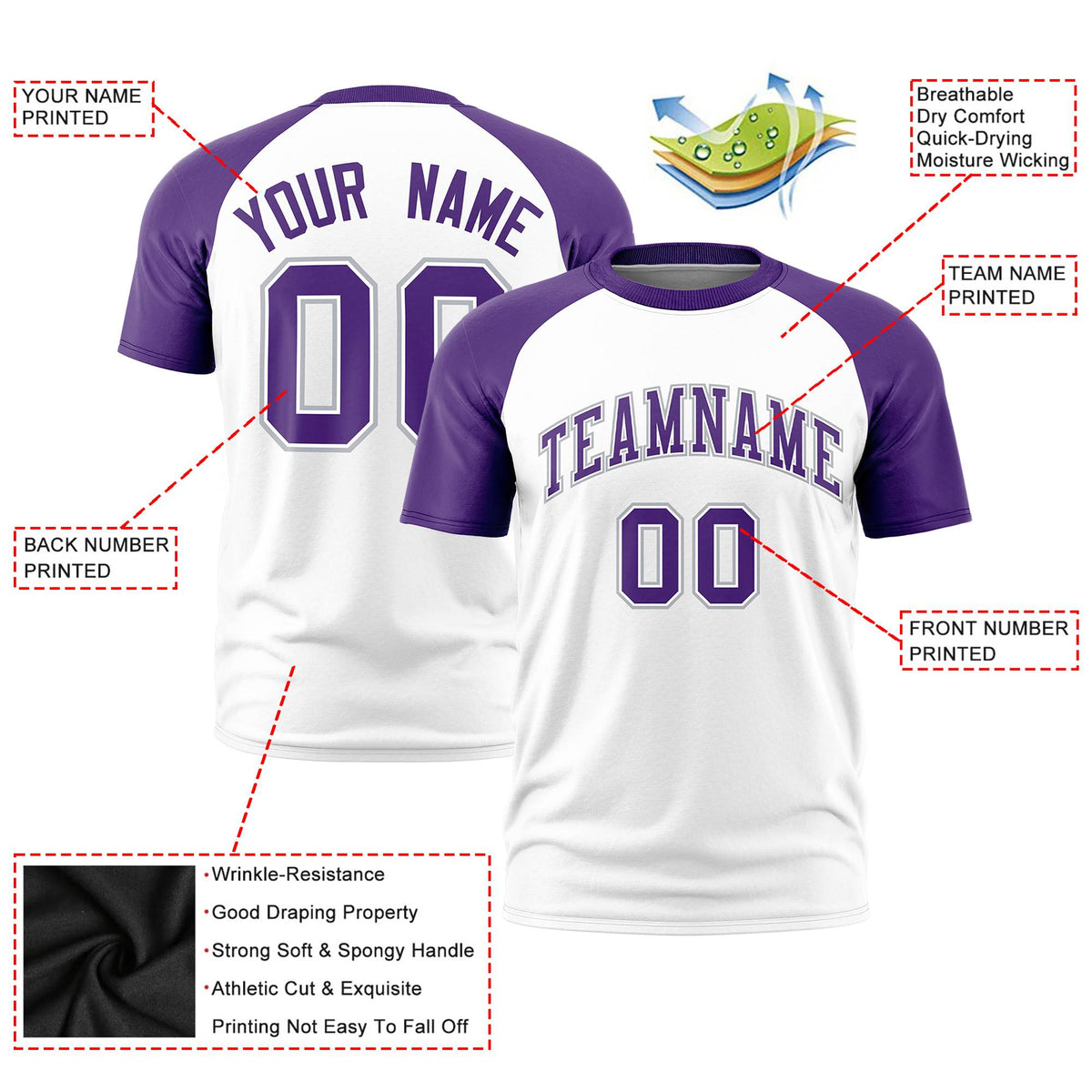 Custom White Purple Raglan Sleeves Performance T-Shirt