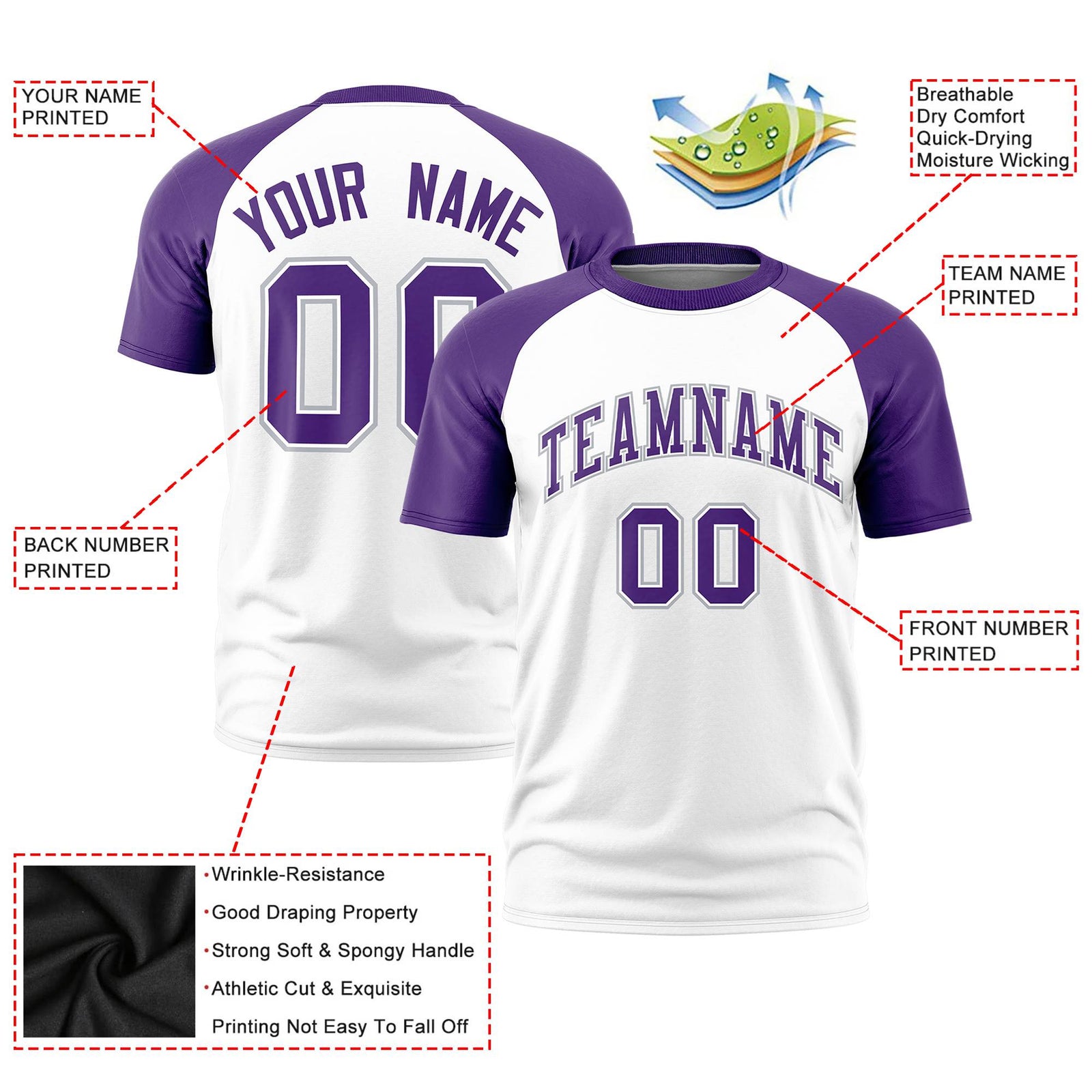 Custom White Purple Raglan Sleeves Performance T-Shirt