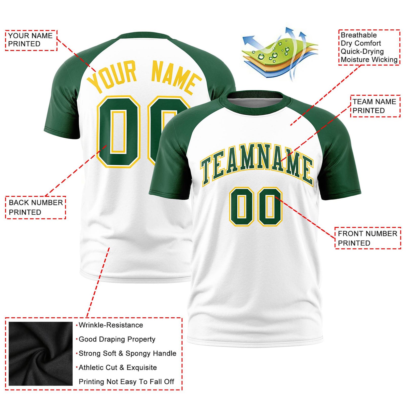 Custom White Green Raglan Sleeves Performance T-Shirt