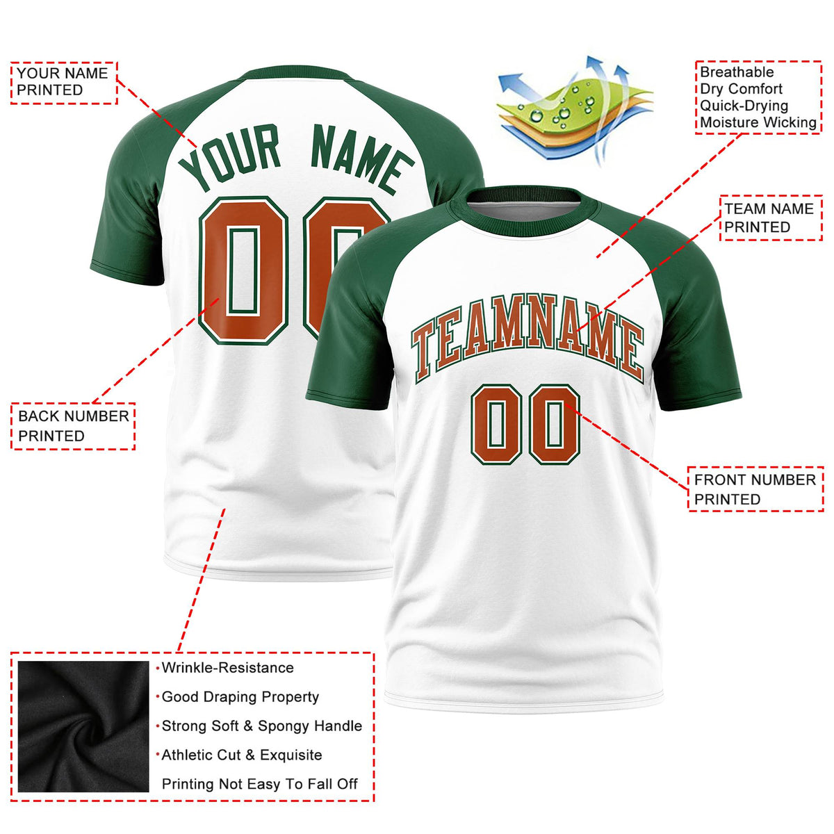 Custom White Green Raglan Sleeves Performance T-Shirt