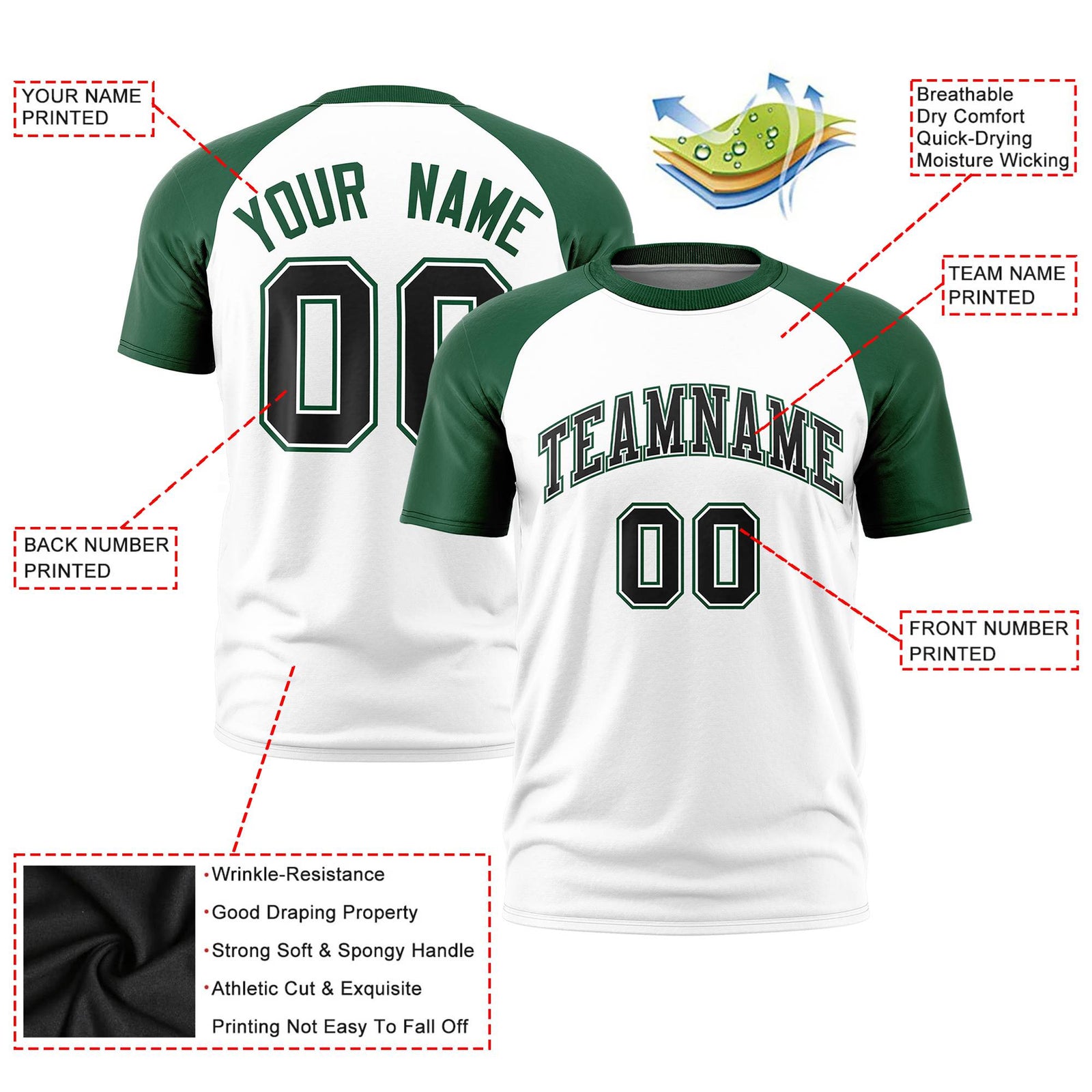 Custom White Green Raglan Sleeves Performance T-Shirt