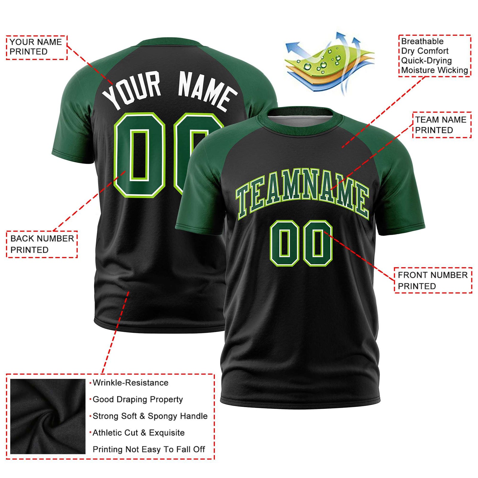 Custom White Green Raglan Sleeves Performance T-Shirt