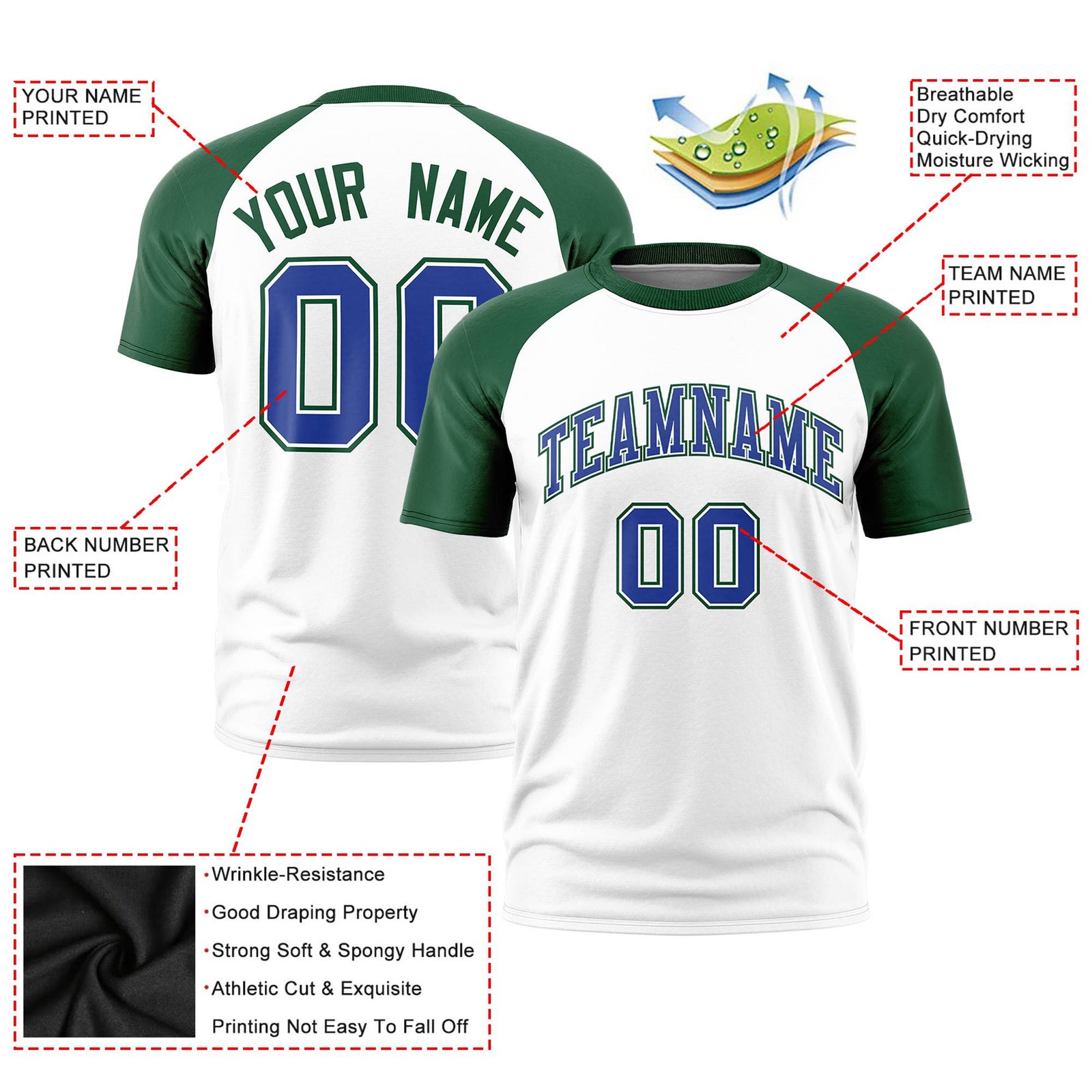 Custom White Green Raglan Sleeves Performance T-Shirt
