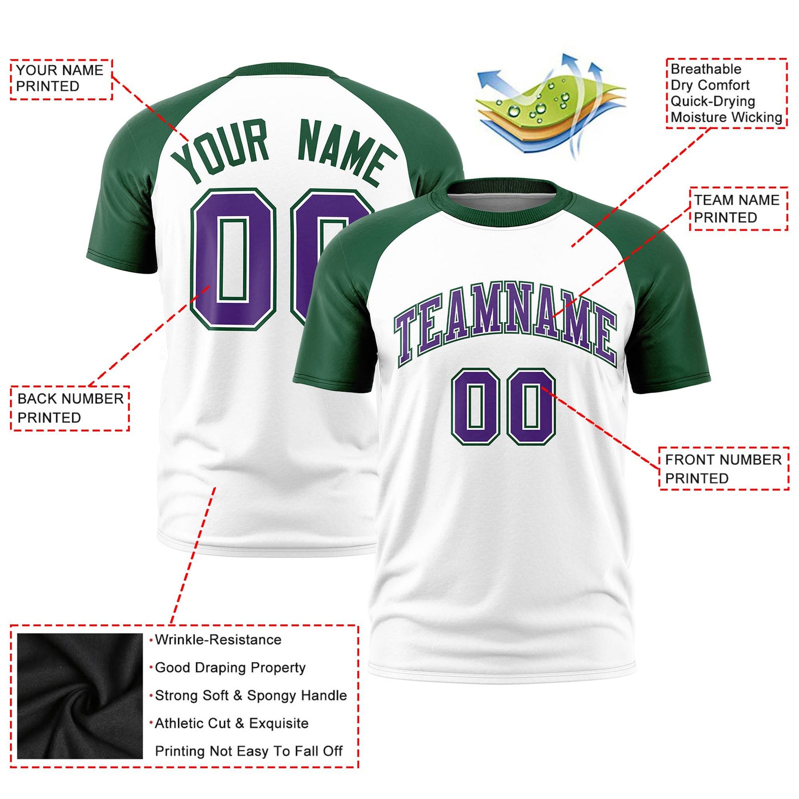Custom White Green Raglan Sleeves Performance T-Shirt