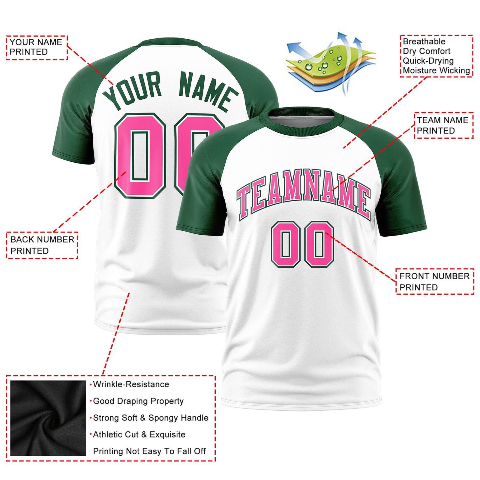 Custom White Green Raglan Sleeves Performance T-Shirt