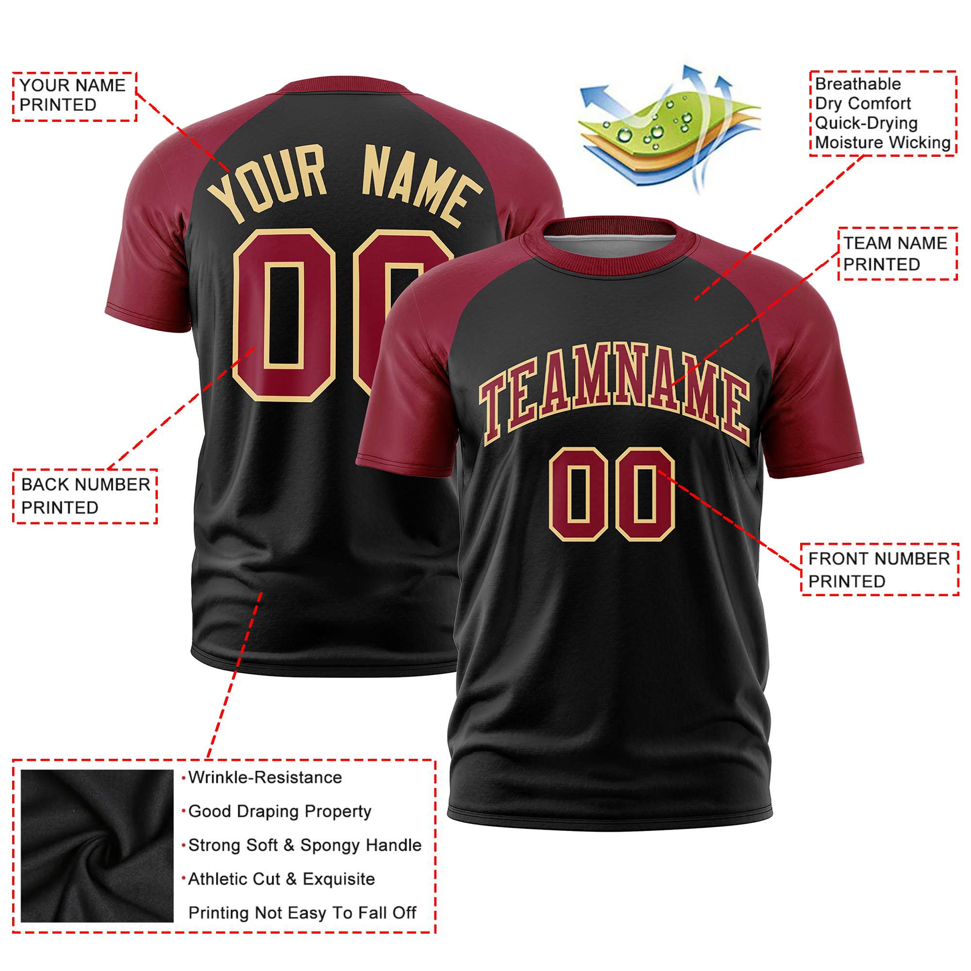 Custom Black Crimson Raglan Sleeves Performance T-Shirt