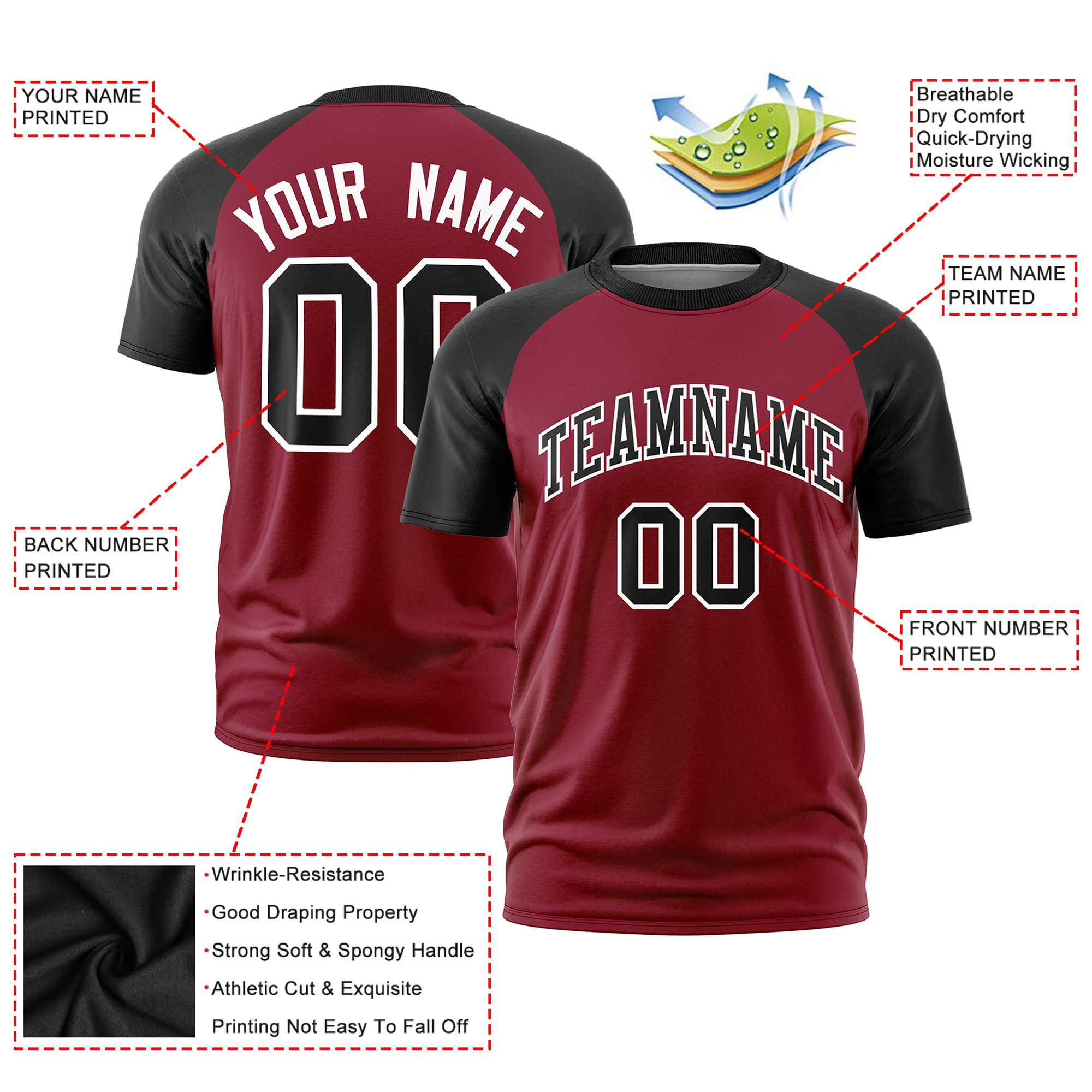 Custom Crimson Black Raglan Sleeves Performance T-Shirt