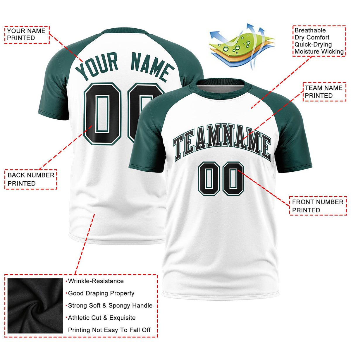 Custom White Midnight Green Raglan Sleeves Performance T-Shirt