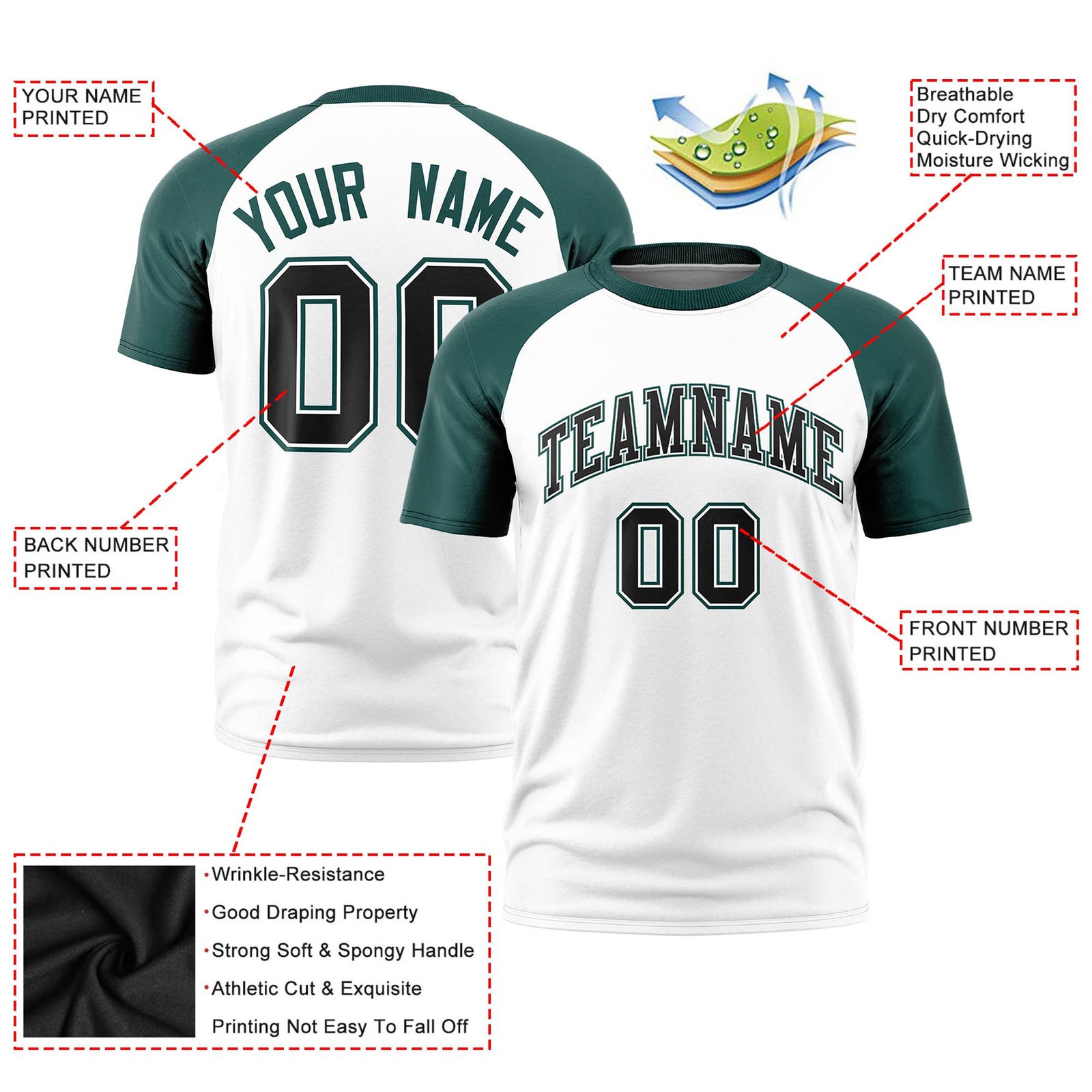 Custom White Midnight Green Raglan Sleeves Performance T-Shirt