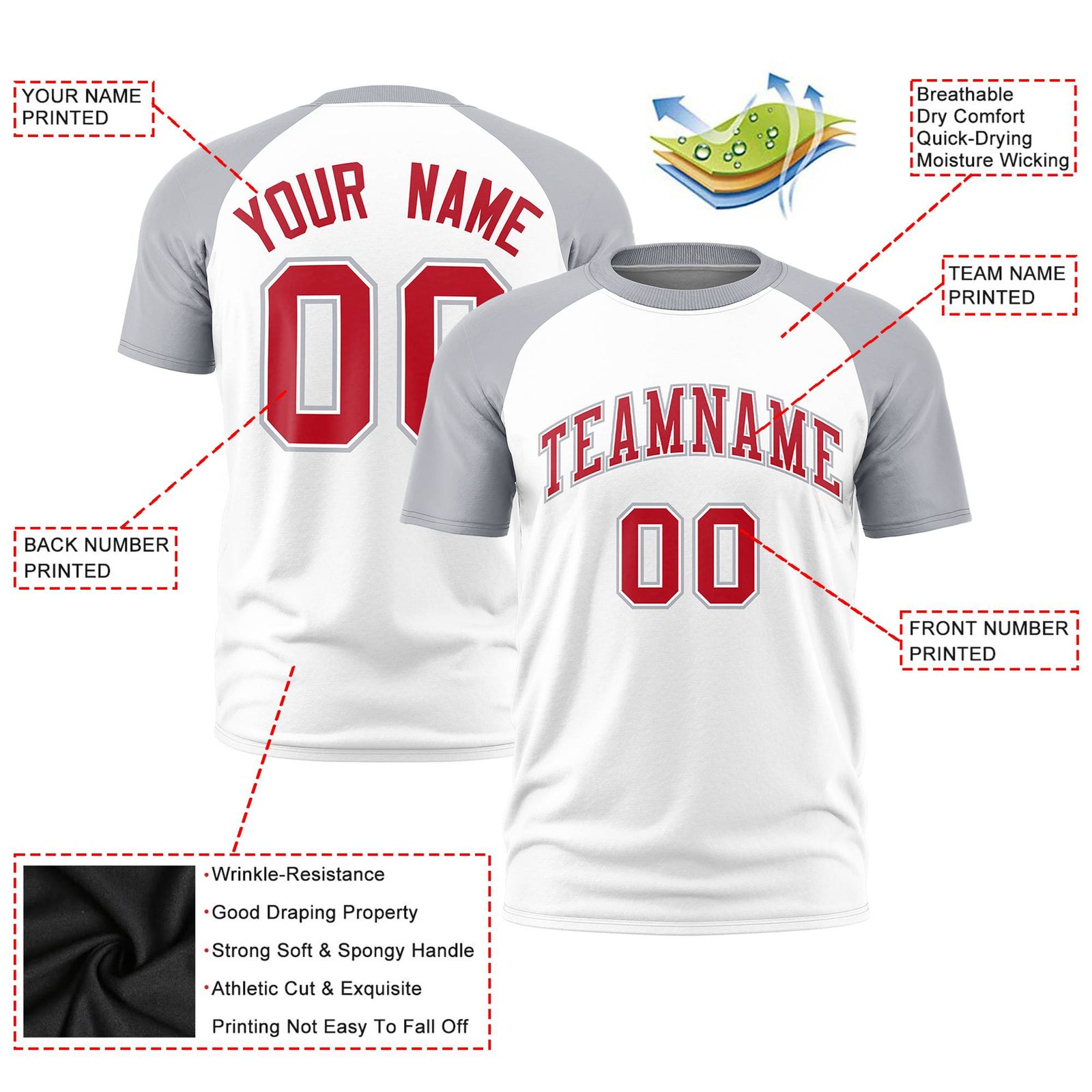 Custom White Gray Raglan Sleeves Performance T-Shirt