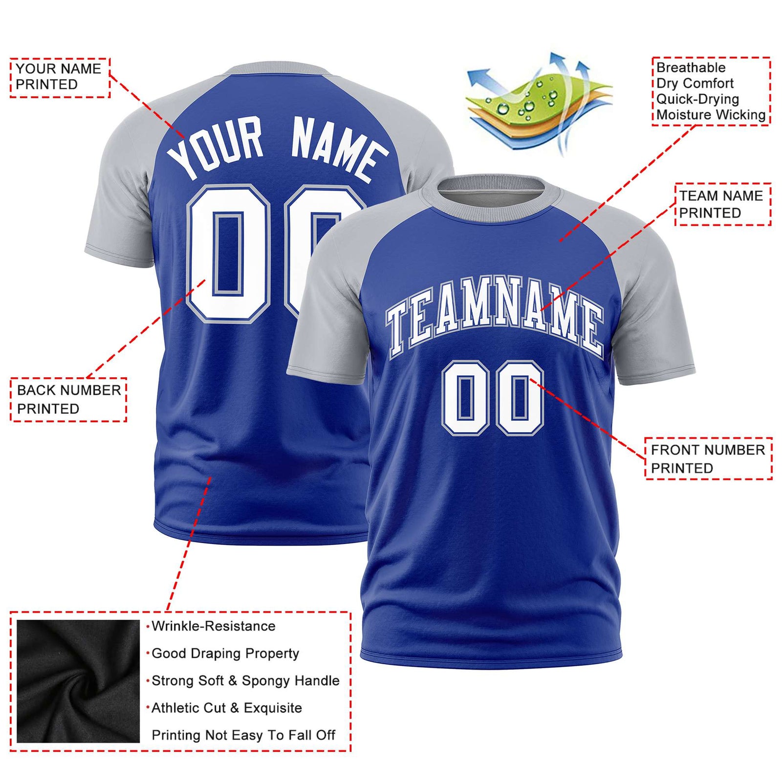 Custom Royal Blue Gray Raglan Sleeves Performance T-Shirt