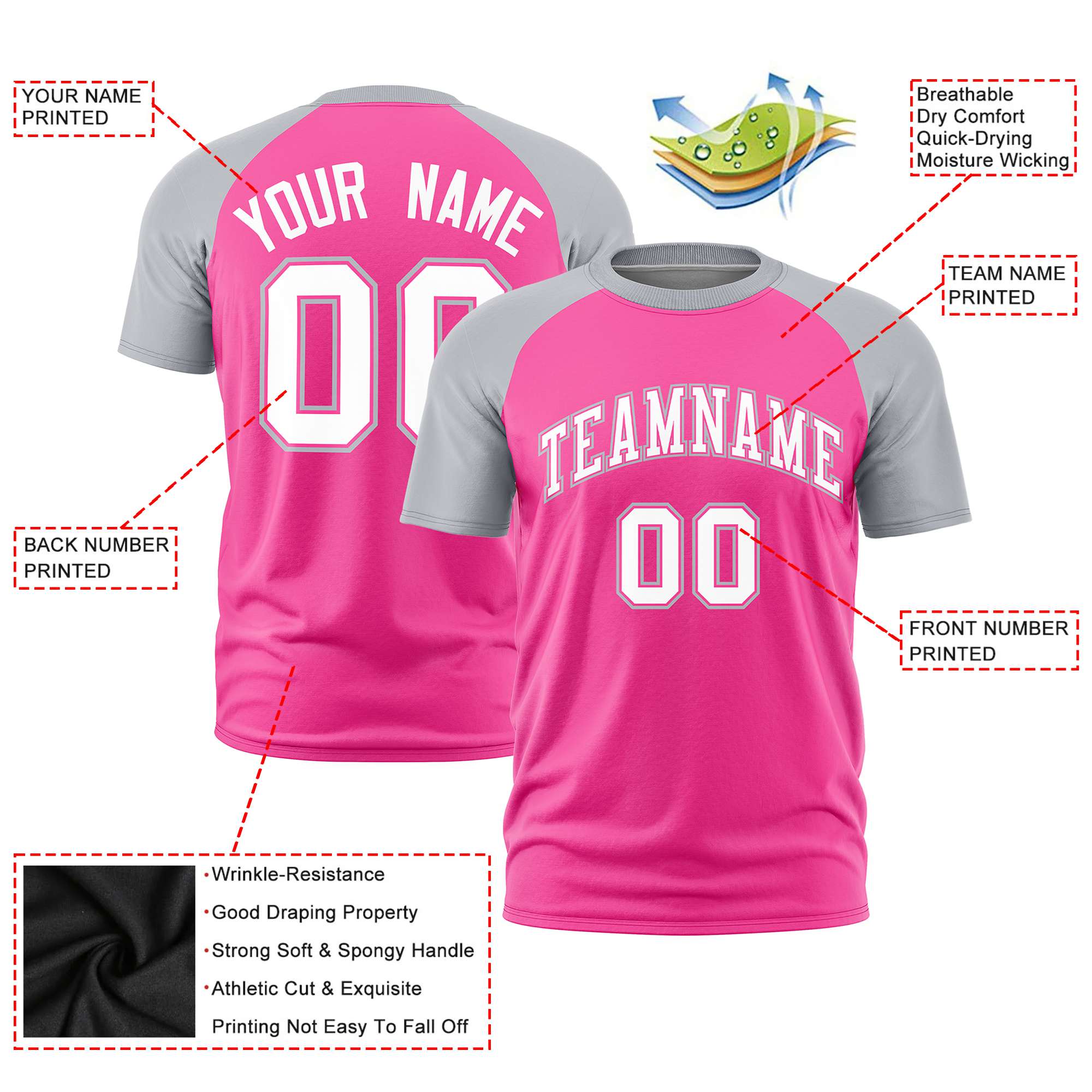 Custom Pink Gray Raglan Sleeves Performance T-Shirt