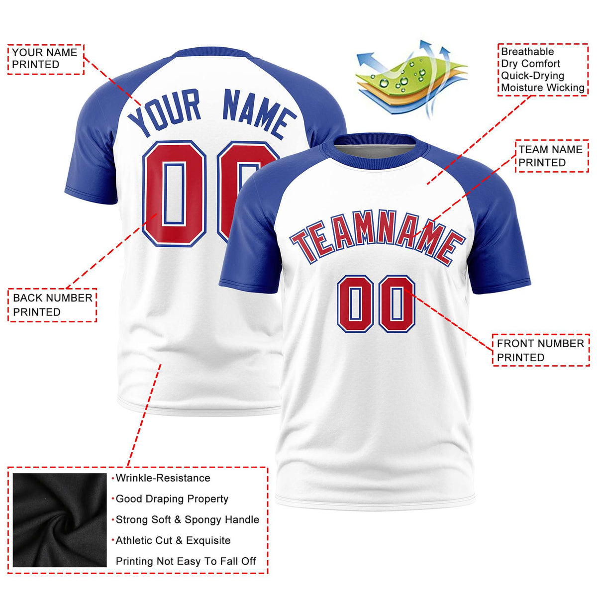 Custom White Royal Blue Raglan Sleeves Performance T-Shirt