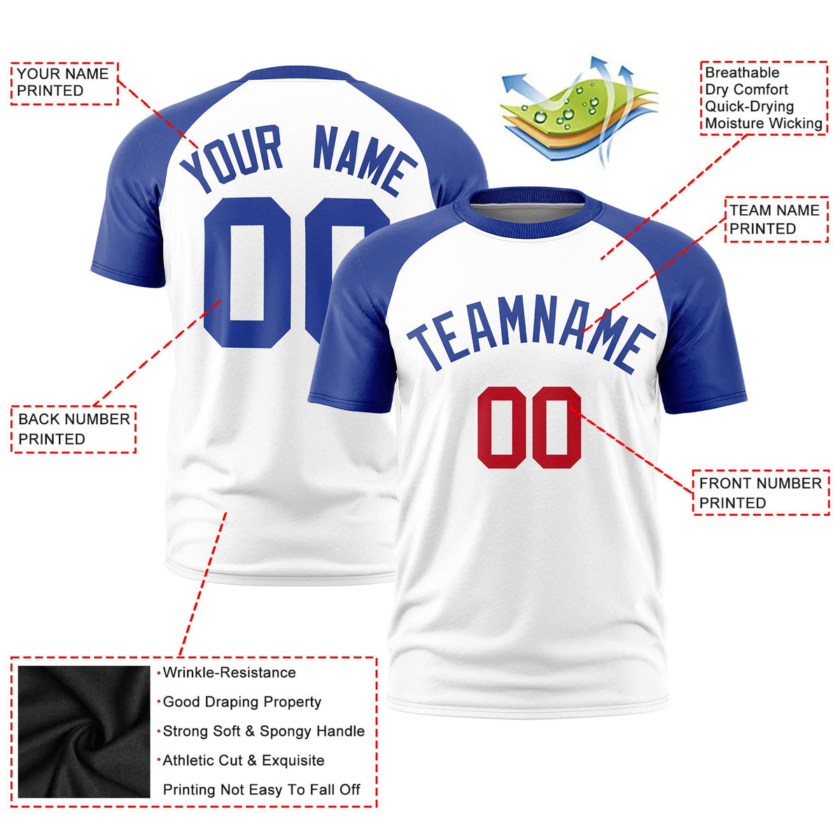 Custom White Royal Blue Raglan Sleeves Performance T-Shirt