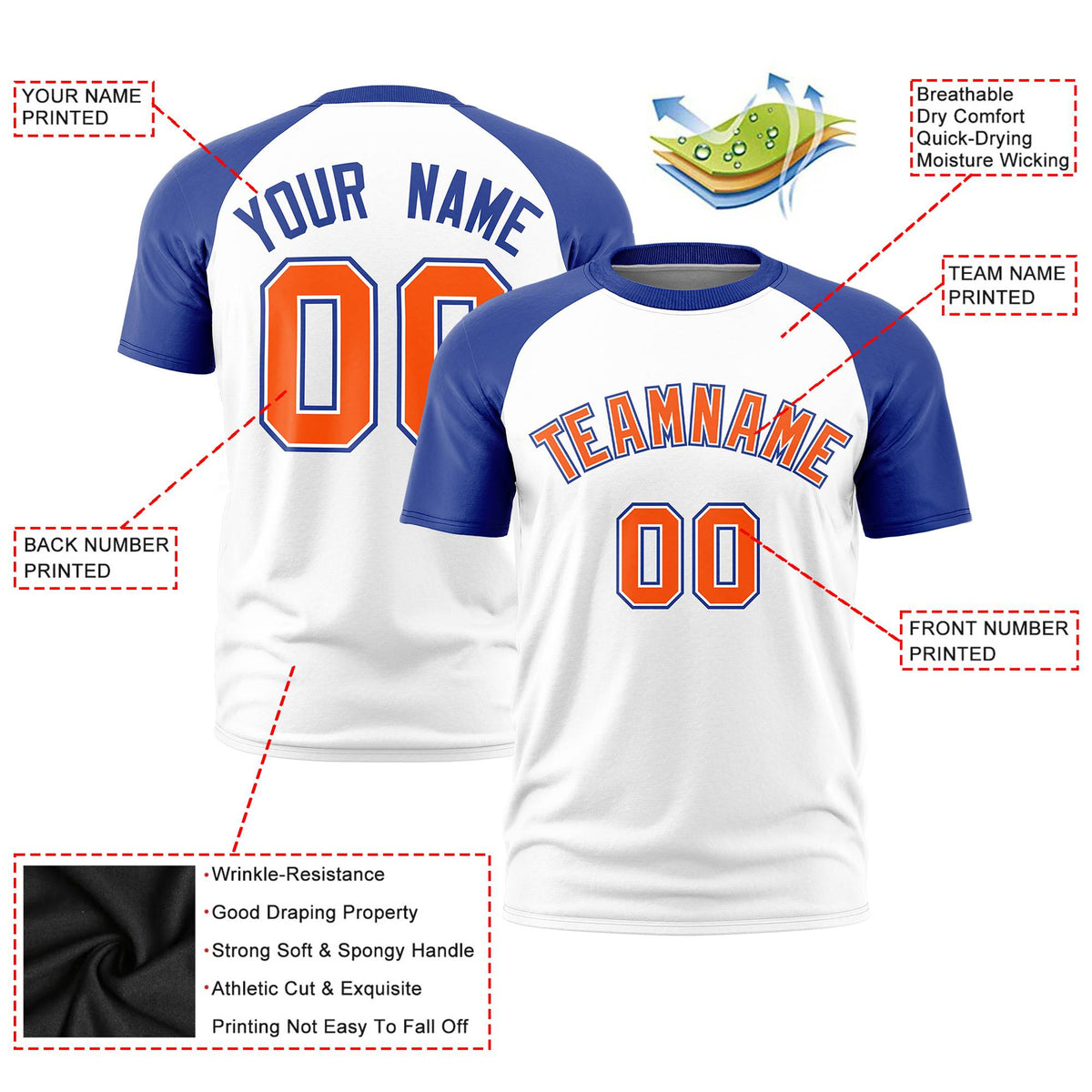 Custom White Royal Blue Raglan Sleeves Performance T-Shirt