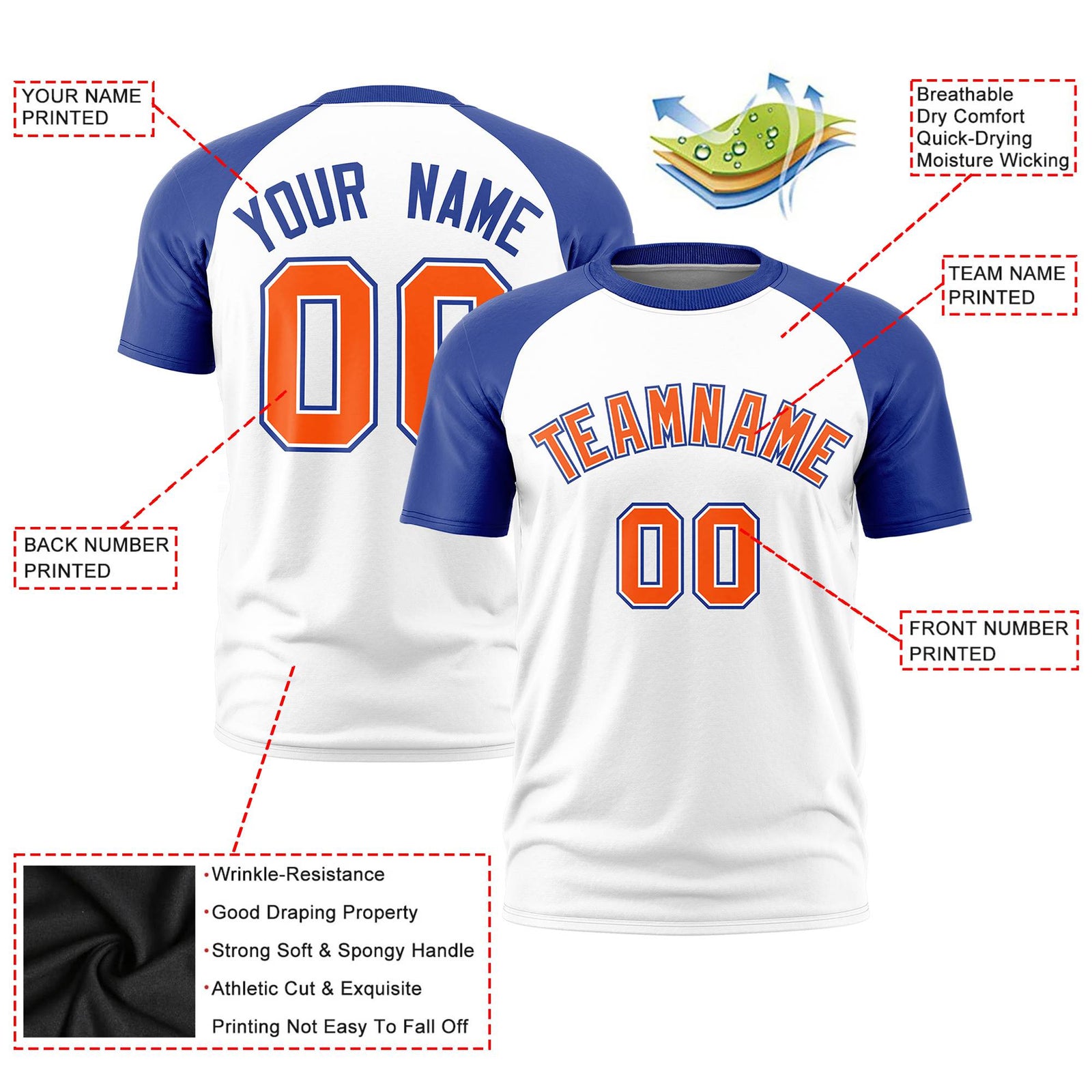 Custom White Royal Blue Raglan Sleeves Performance T-Shirt