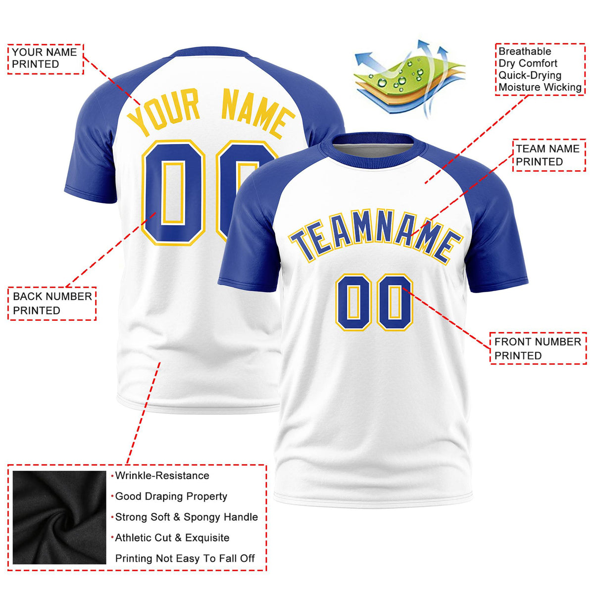 Custom White Royal Blue Raglan Sleeves Performance T-Shirt