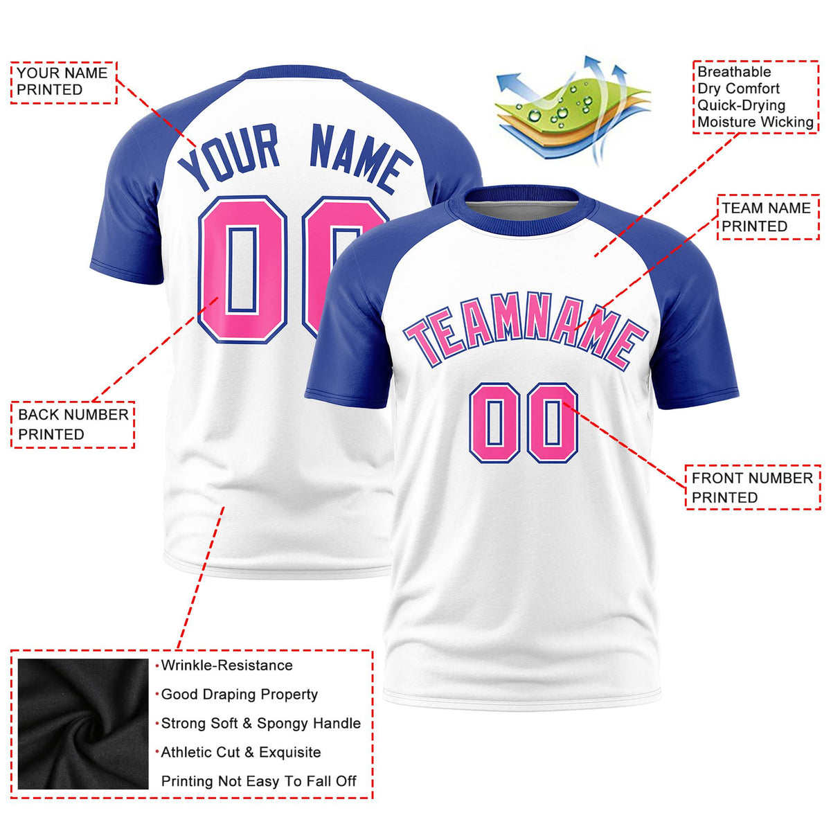 Custom White Royal Blue Raglan Sleeves Performance T-Shirt