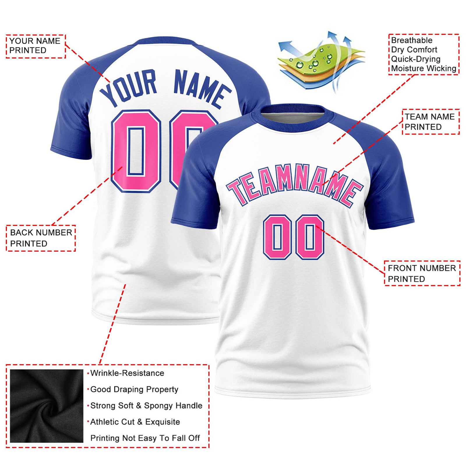 Custom White Royal Blue Raglan Sleeves Performance T-Shirt