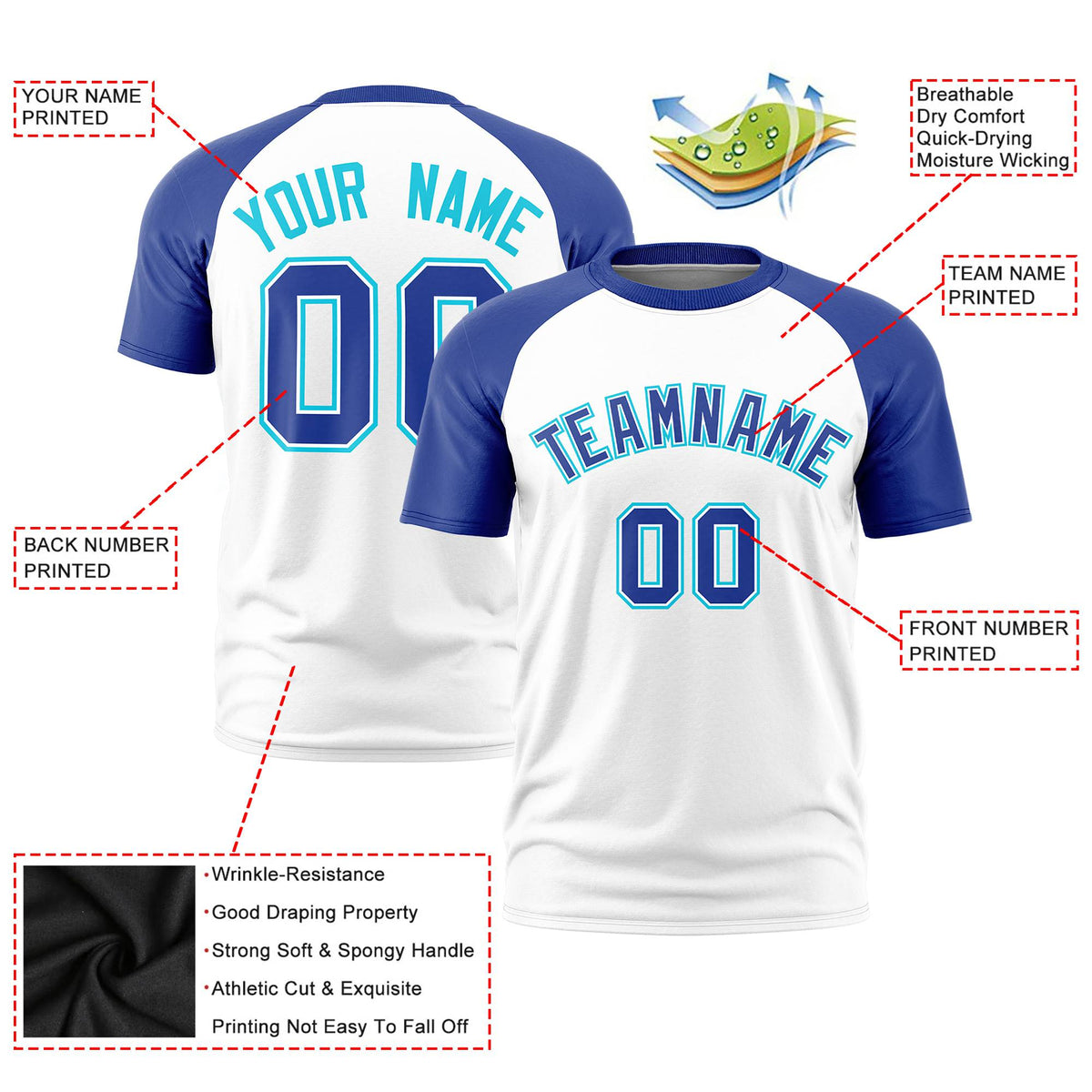 Custom White Royal Blue Raglan Sleeves Performance T-Shirt