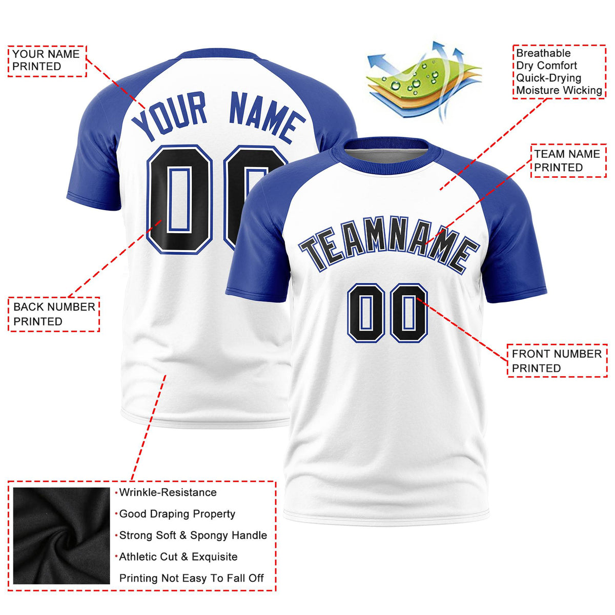 Custom White Royal Blue Raglan Sleeves Performance T-Shirt