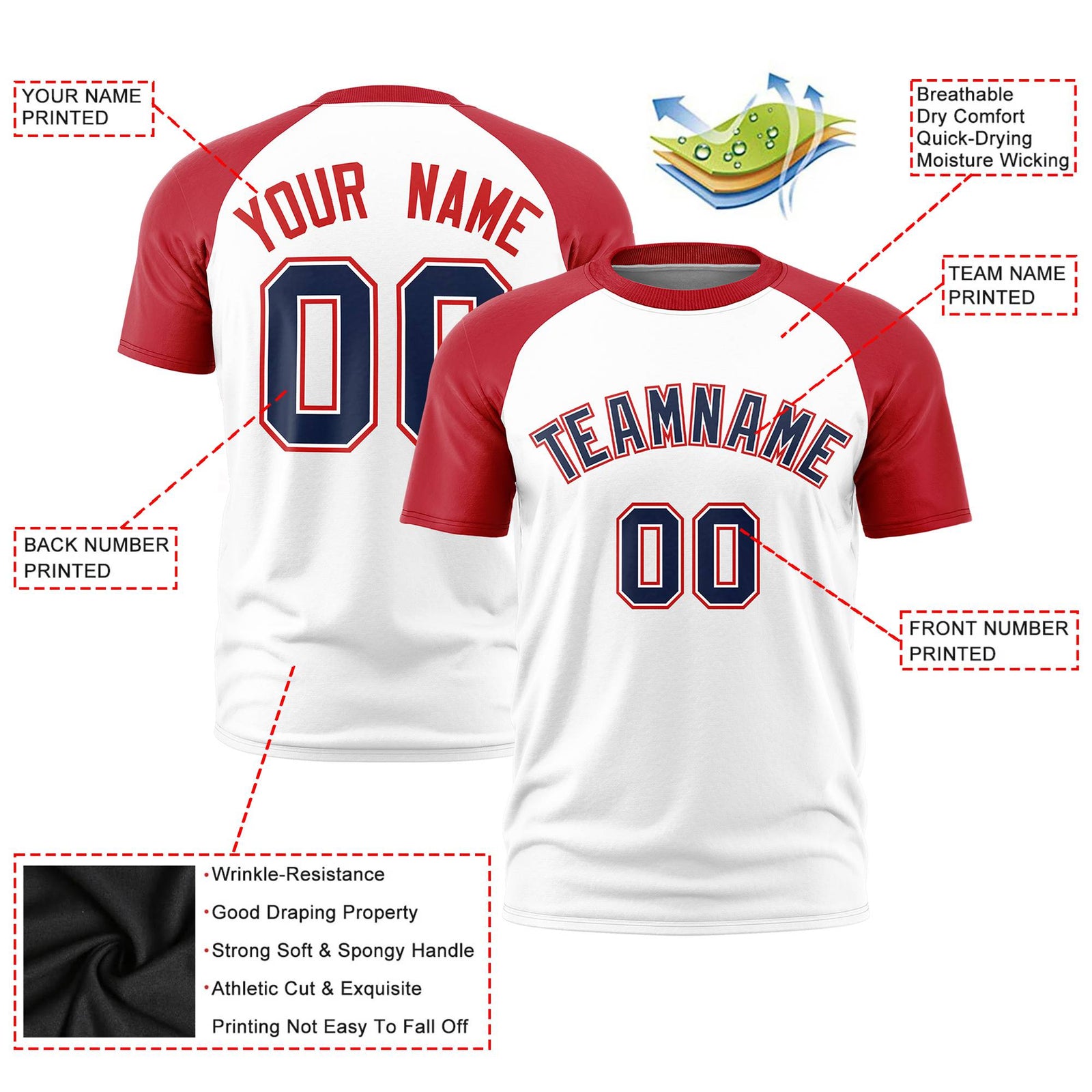 Custom White Red Raglan Sleeves Performance T-Shirt