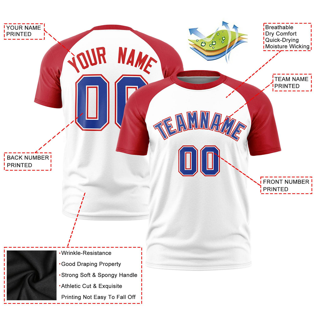 Custom White Red Raglan Sleeves Performance T-Shirt