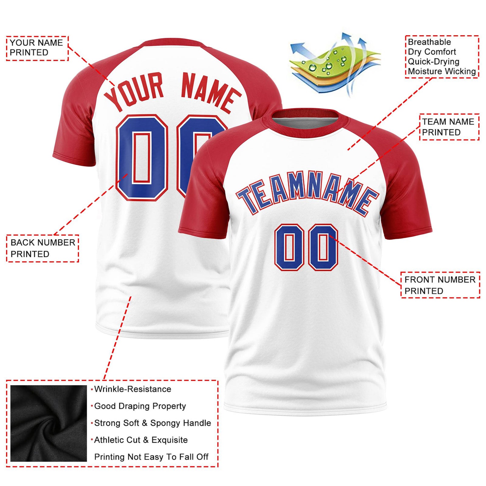 Custom White Red Raglan Sleeves Performance T-Shirt