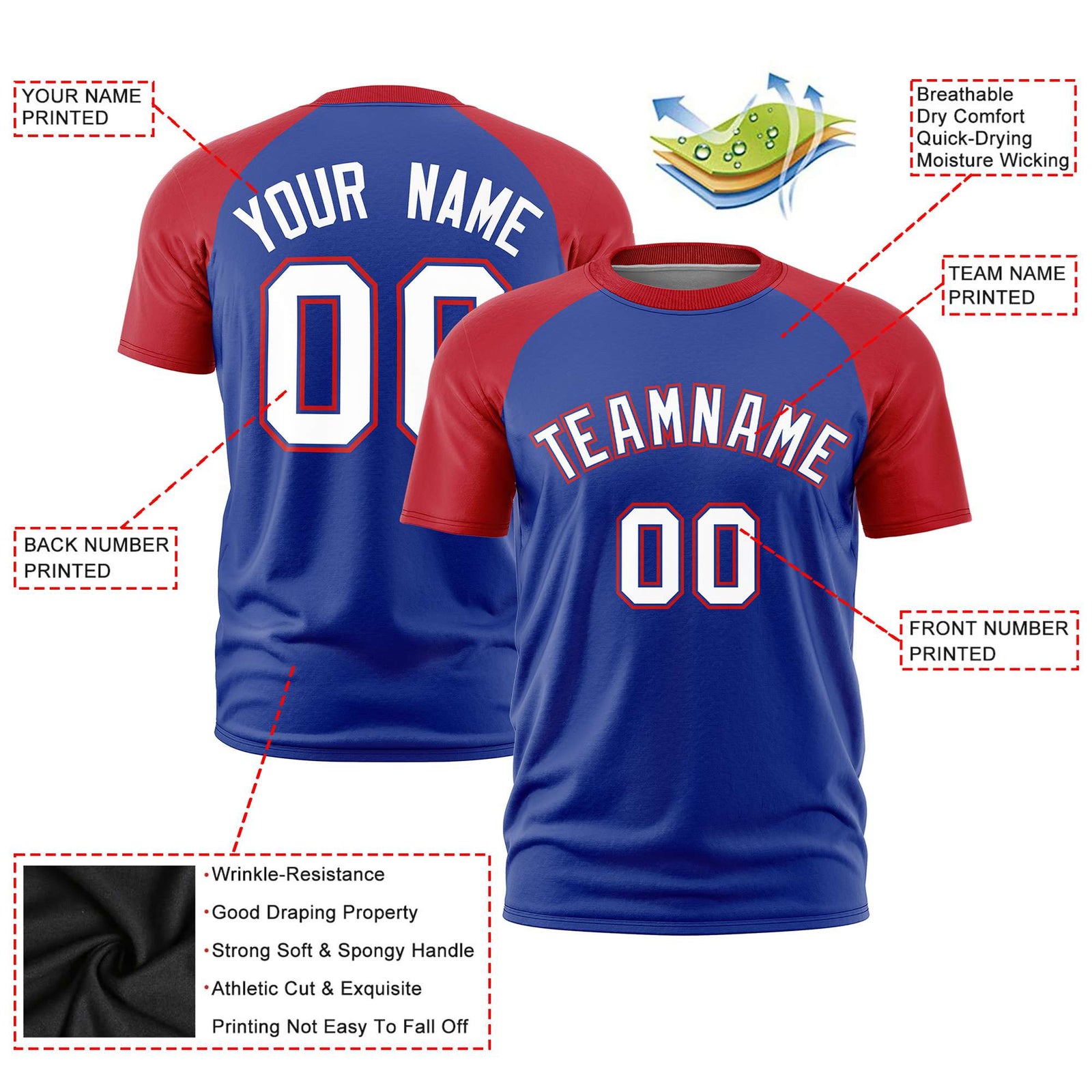 Custom Royal Blue Red Raglan Sleeves Performance T-Shirt