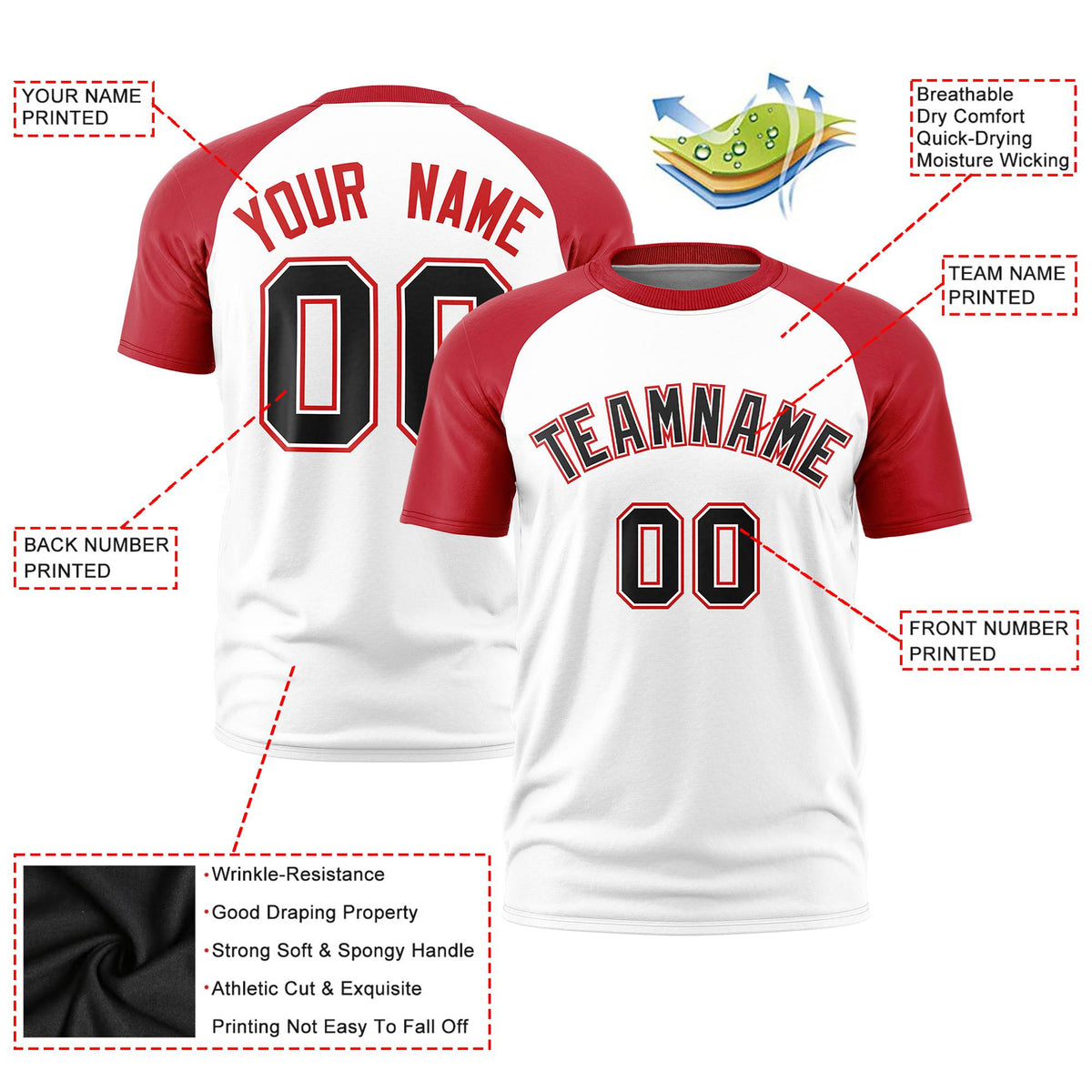 Custom White Red Raglan Sleeves Performance T-Shirt