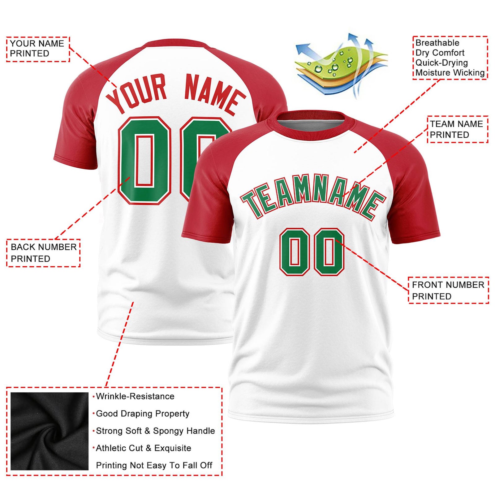 Custom White Red Raglan Sleeves Performance T-Shirt