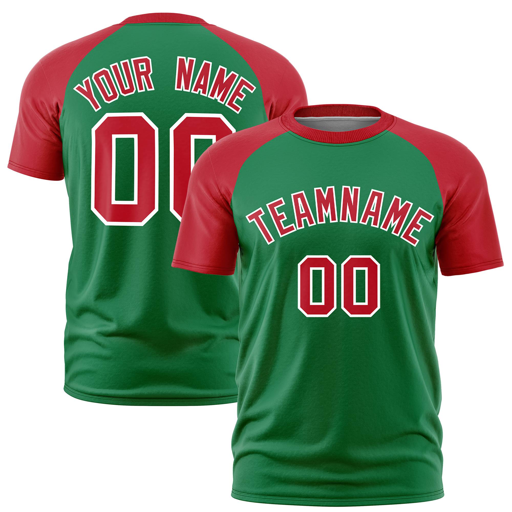 Custom Kelly Green Red Raglan Sleeves Performance T-Shirt