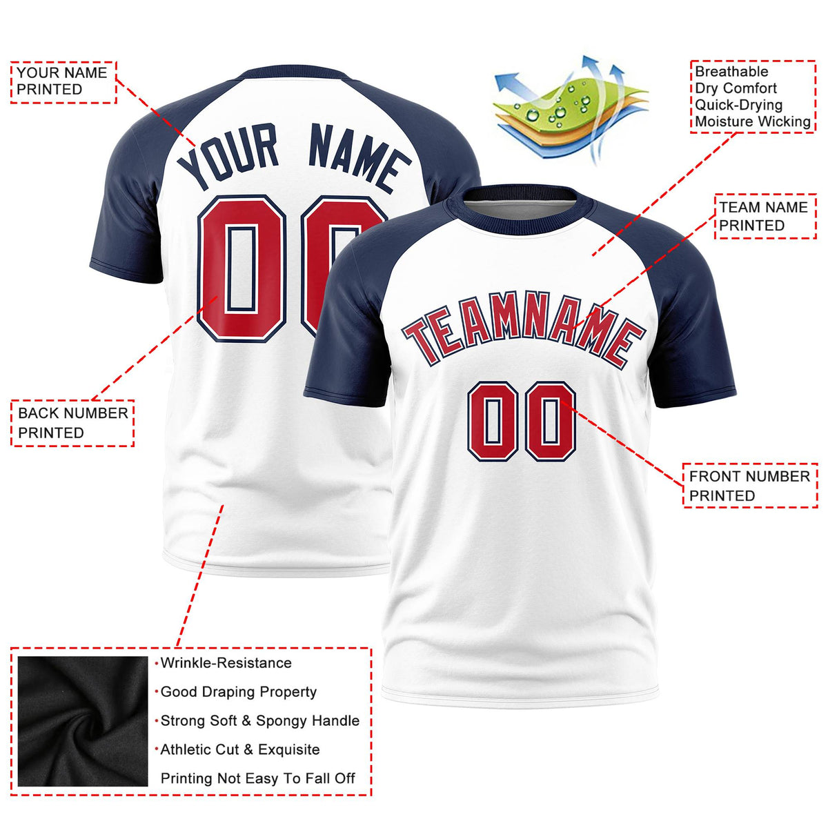Custom White Navy Raglan Sleeves Performance T-Shirt