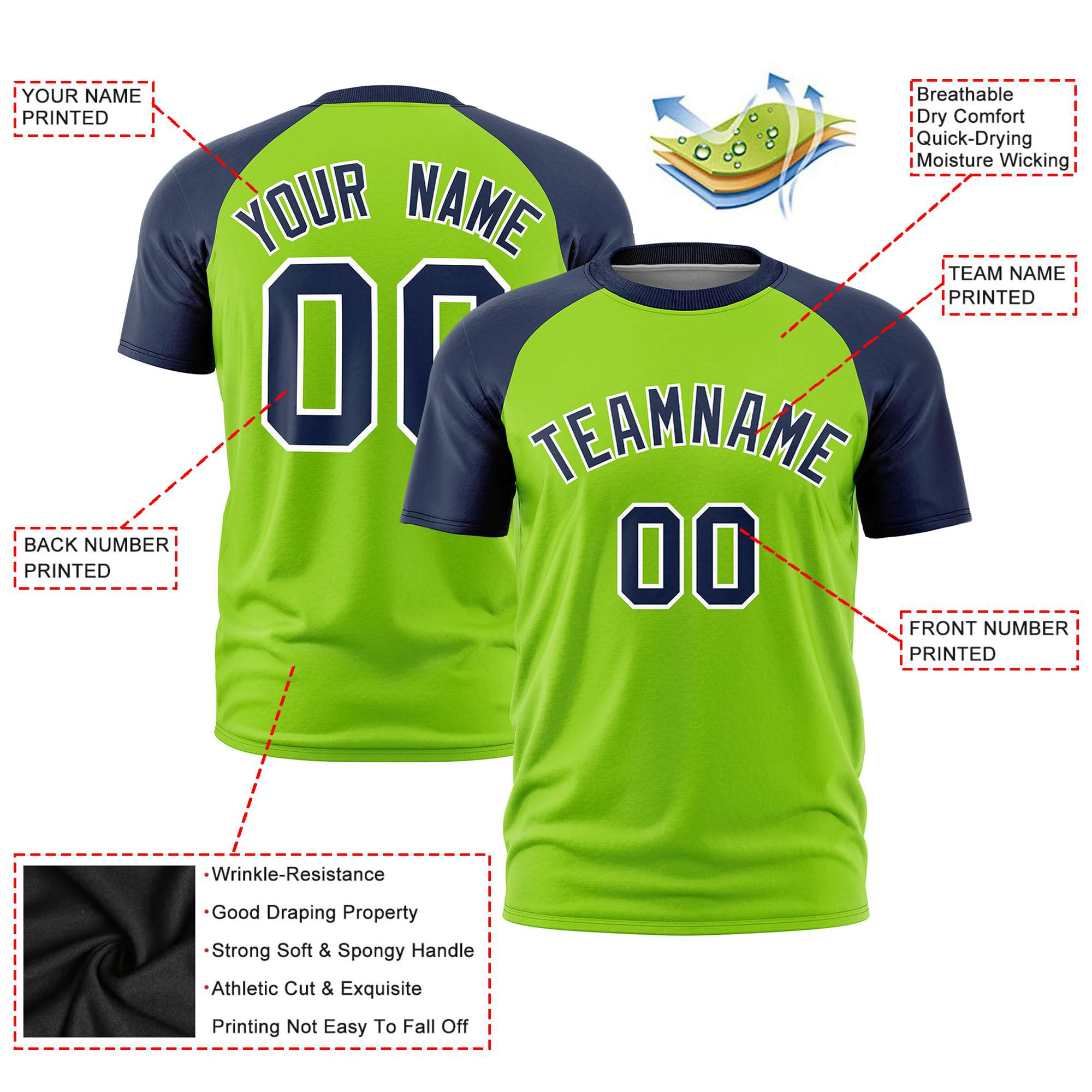 Custom Neon Green Navy Raglan Sleeves Performance T-Shirt