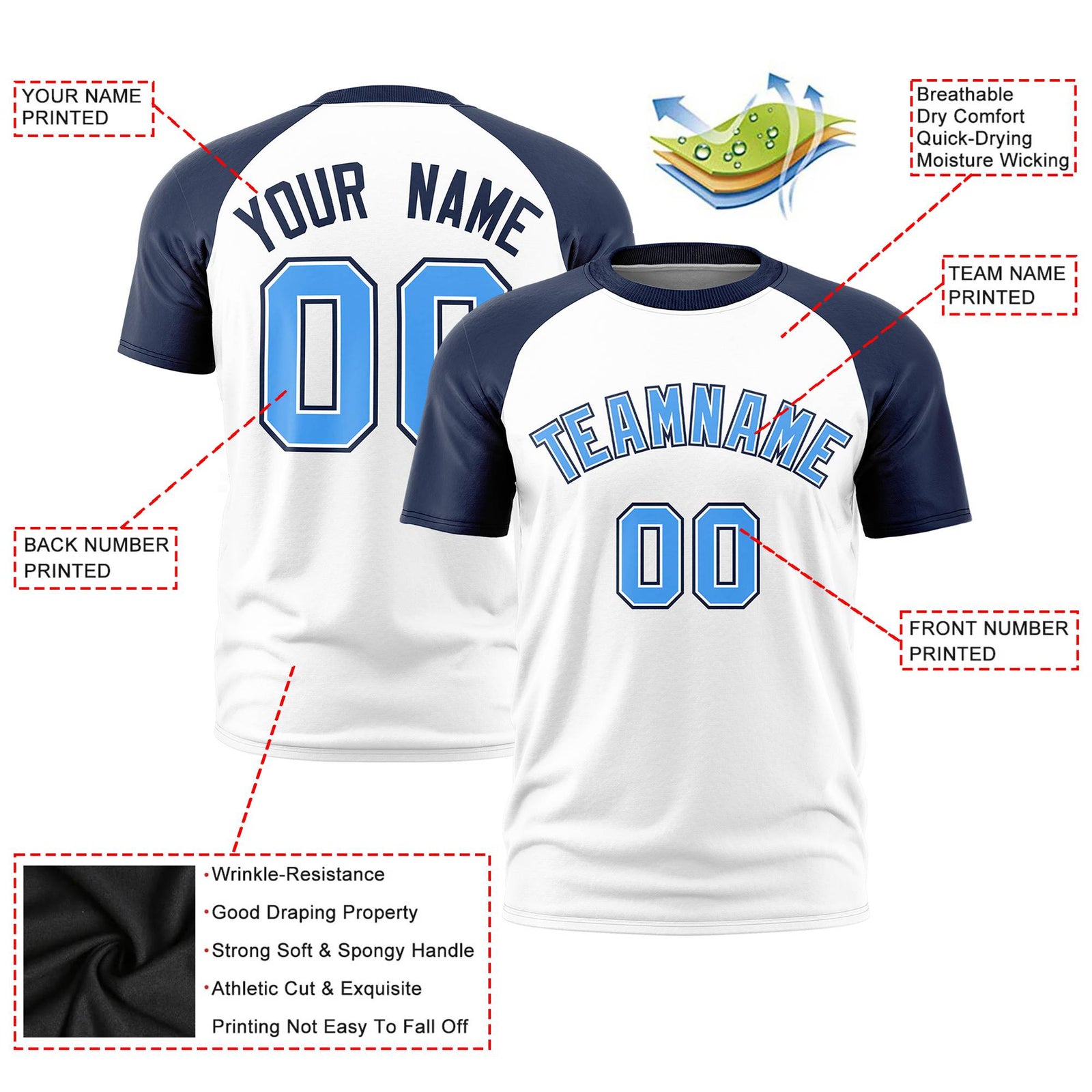Custom White Navy Raglan Sleeves Performance T-Shirt
