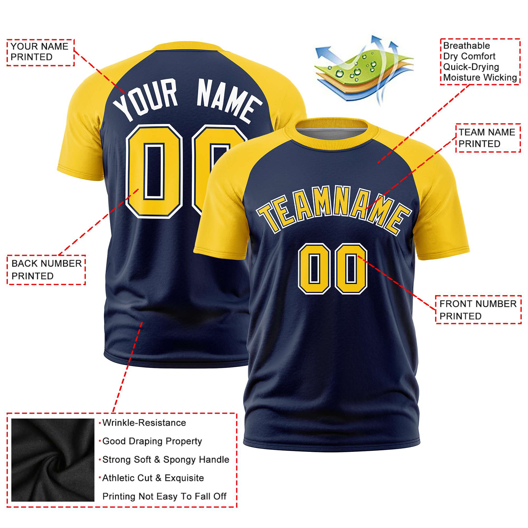 Custom Navy Gold Raglan Sleeves Performance T-Shirt