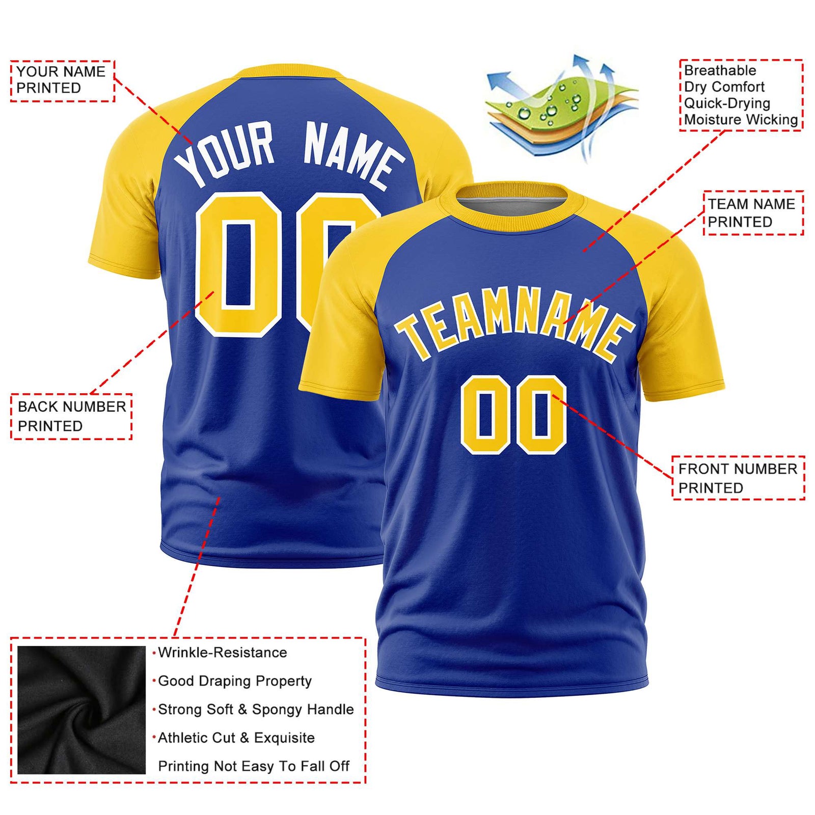 Custom Royal Blue Gold Raglan Sleeves Performance T-Shirt