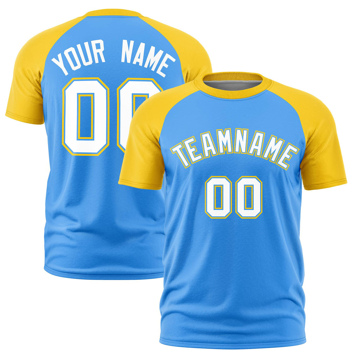 Custom Powder Blue Gold Raglan Sleeves Performance T-Shirt