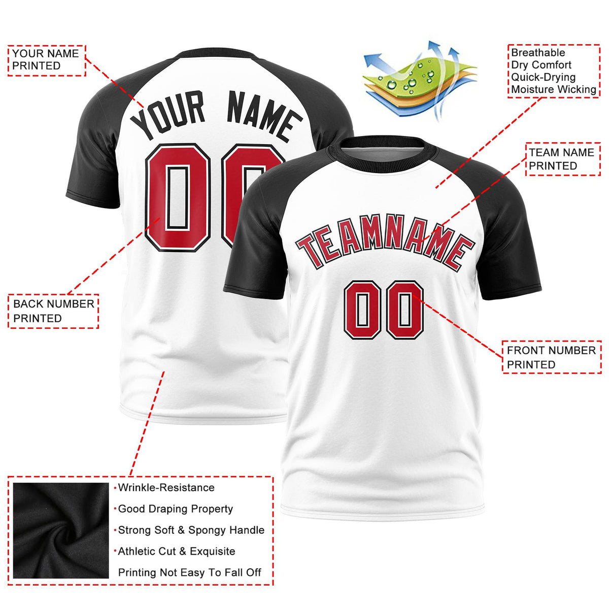 Custom White Black Raglan Sleeves Performance T-Shirt