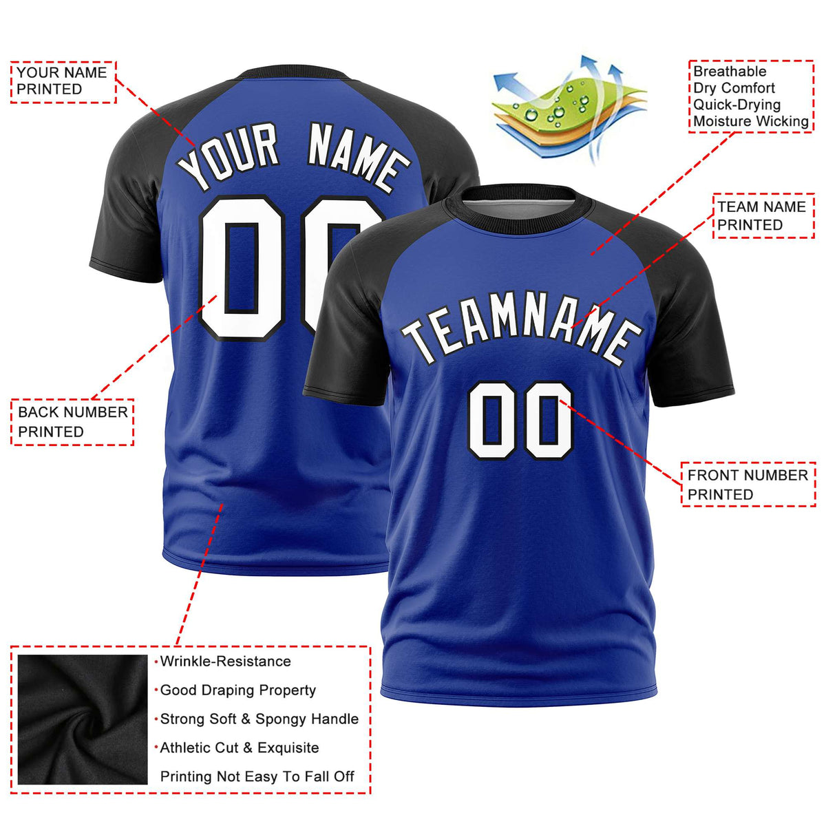 Custom Royal Blue Black Raglan Sleeves Performance T-Shirt