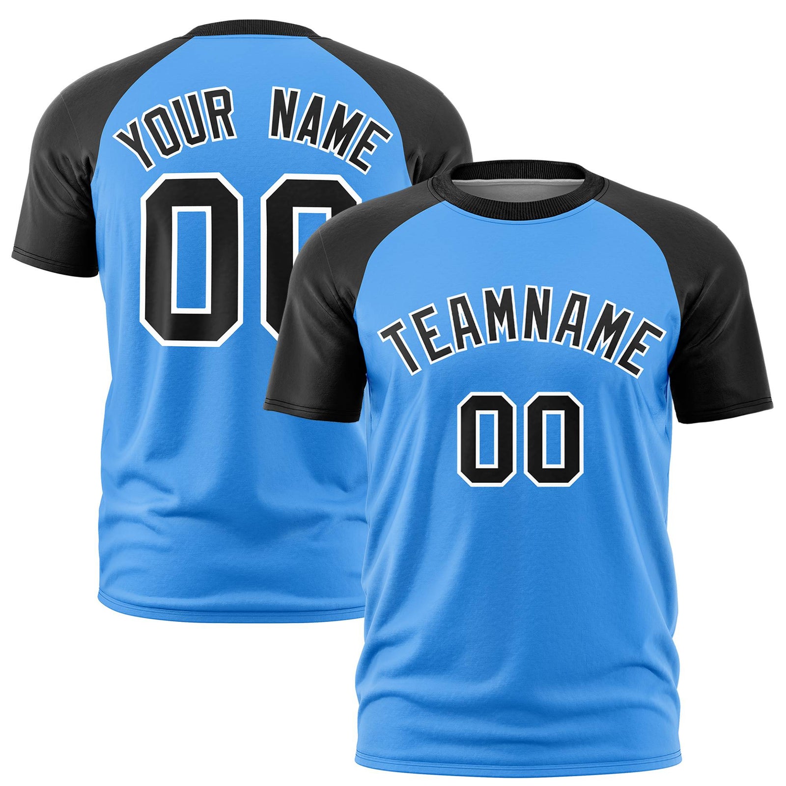 Custom Powder Blue Black Raglan Sleeves Performance T-Shirt