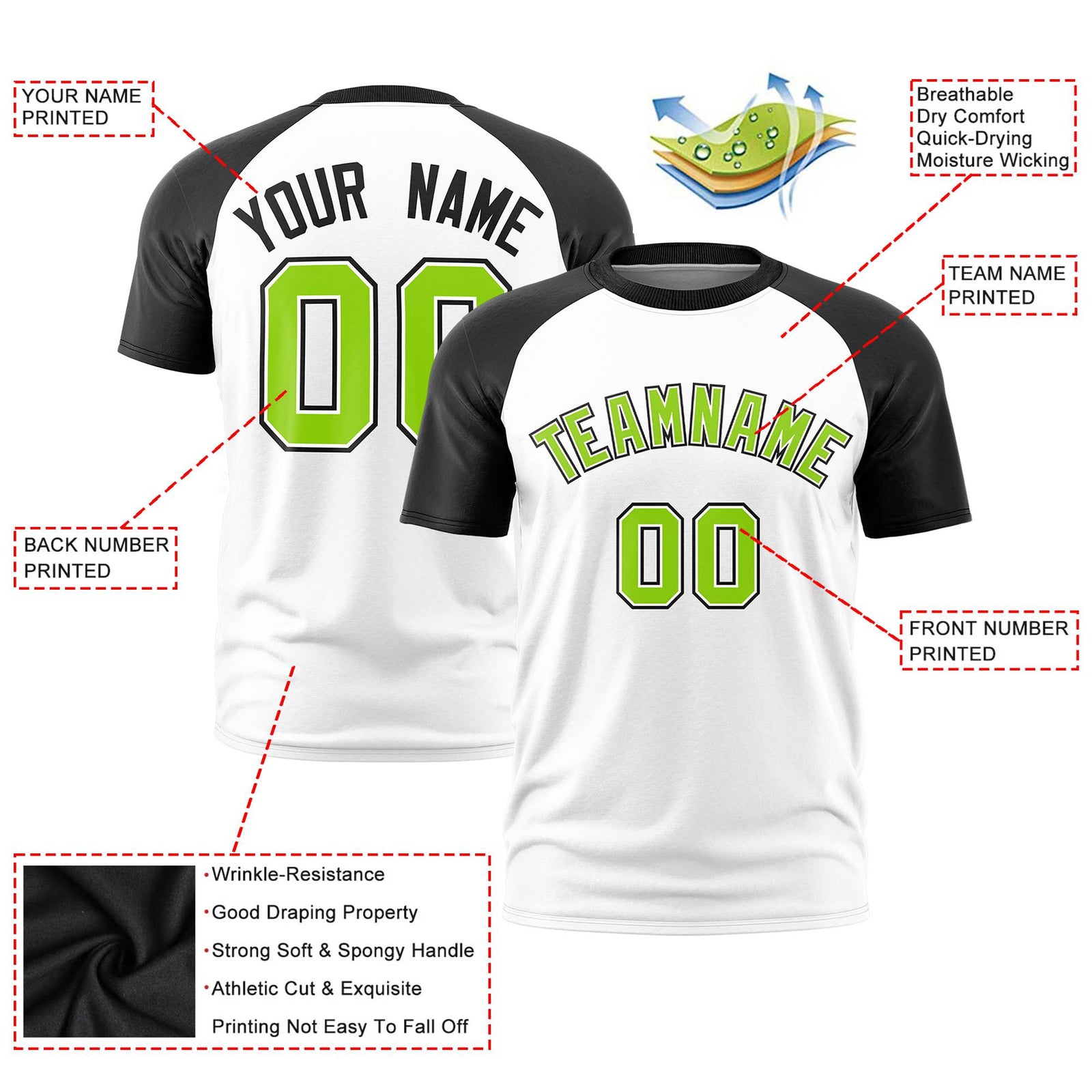 Custom White Black Raglan Sleeves Performance T-Shirt
