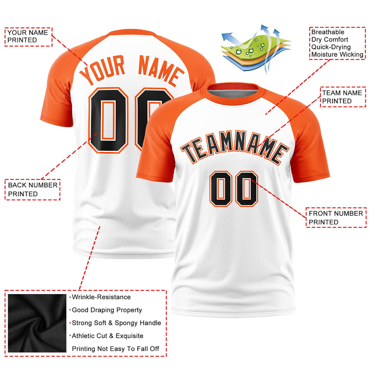 Custom White Orange Raglan Sleeves Performance T-Shirt
