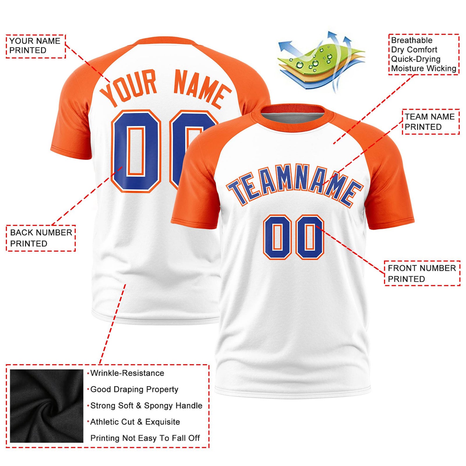 Custom White Orange Raglan Sleeves Performance T-Shirt