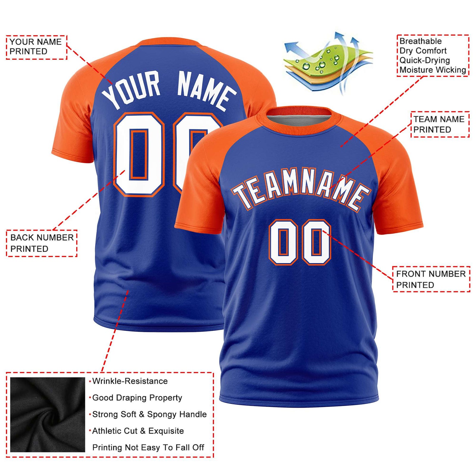Custom Royal Blue Orange Raglan Sleeves Performance T-Shirt
