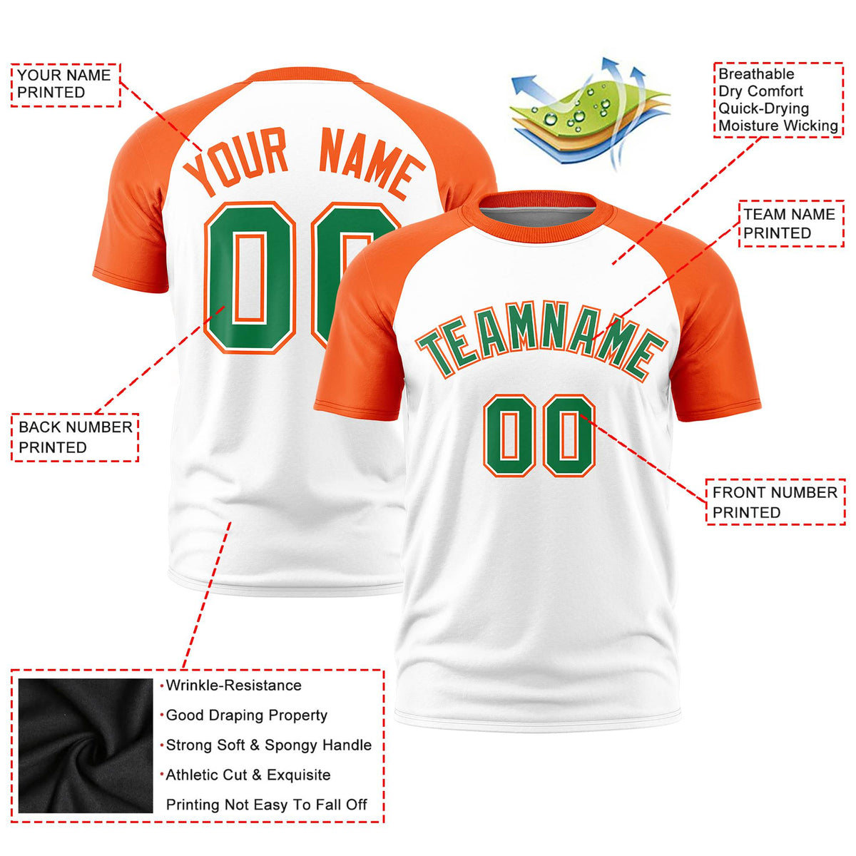 Custom White Orange Raglan Sleeves Performance T-Shirt