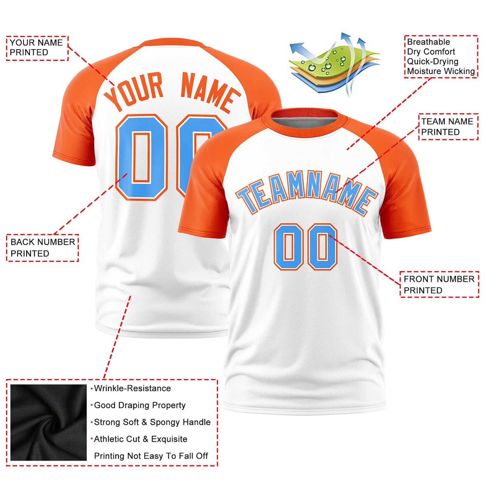 Custom White Orange Raglan Sleeves Performance T-Shirt