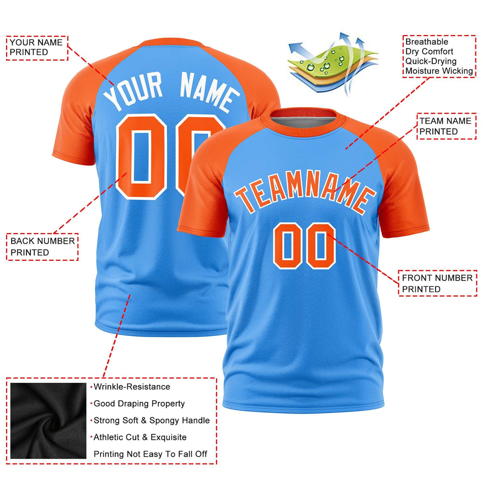 Custom Powder Blue Orange Raglan Sleeves Performance T-Shirt